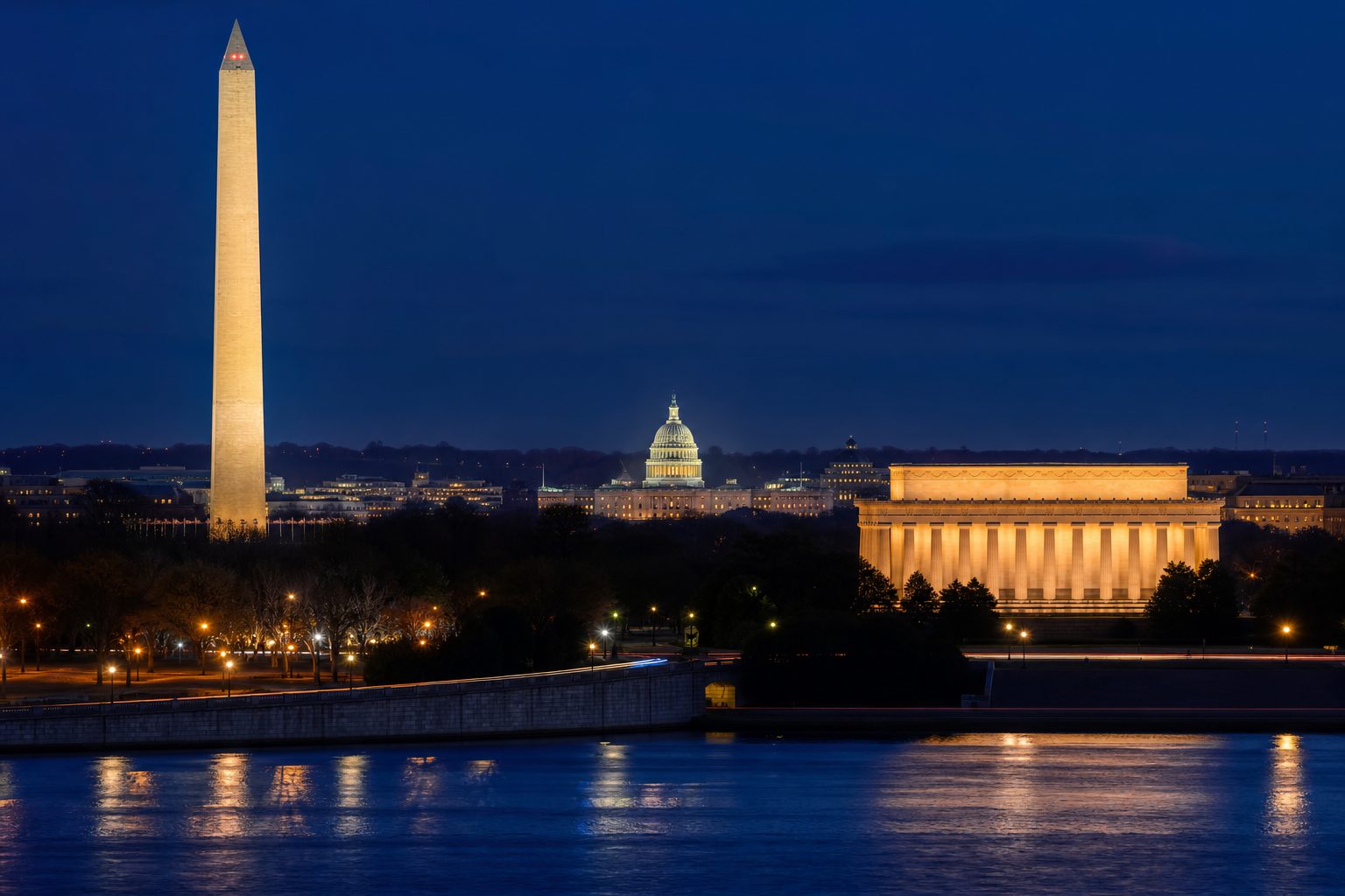 The Washington DC skyline at dusk