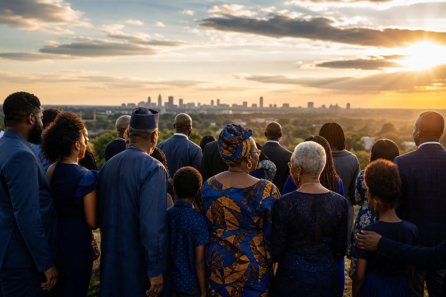 Community members standing together at sunset