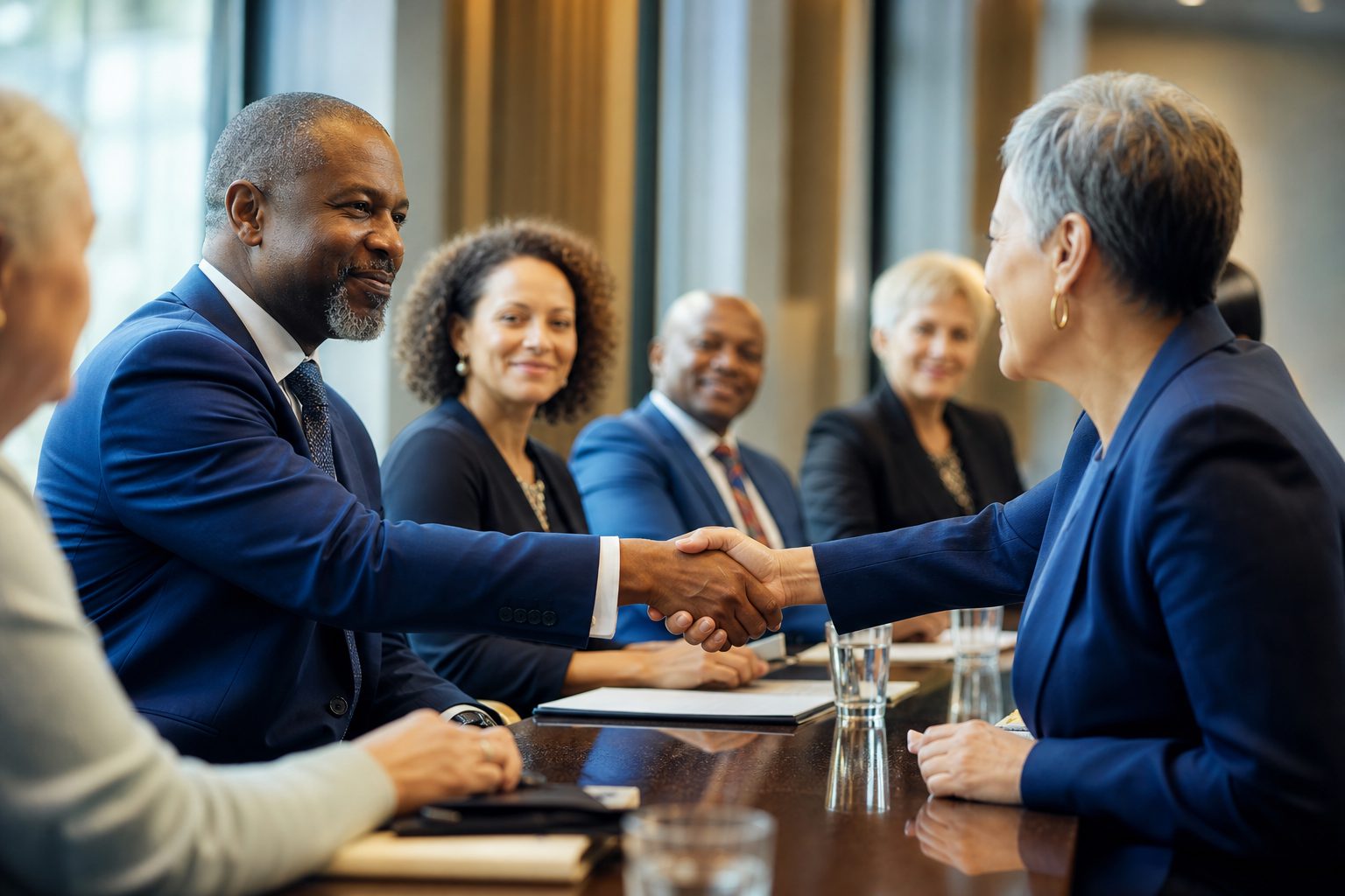 Community leaders shaking hands with partners